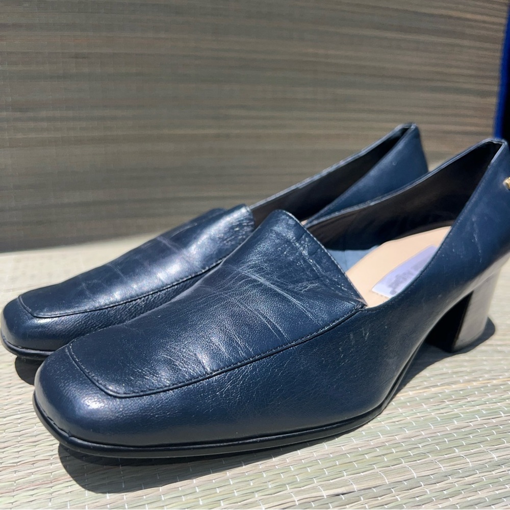Etienne Aigner Navy Leather Block Heel Loafers